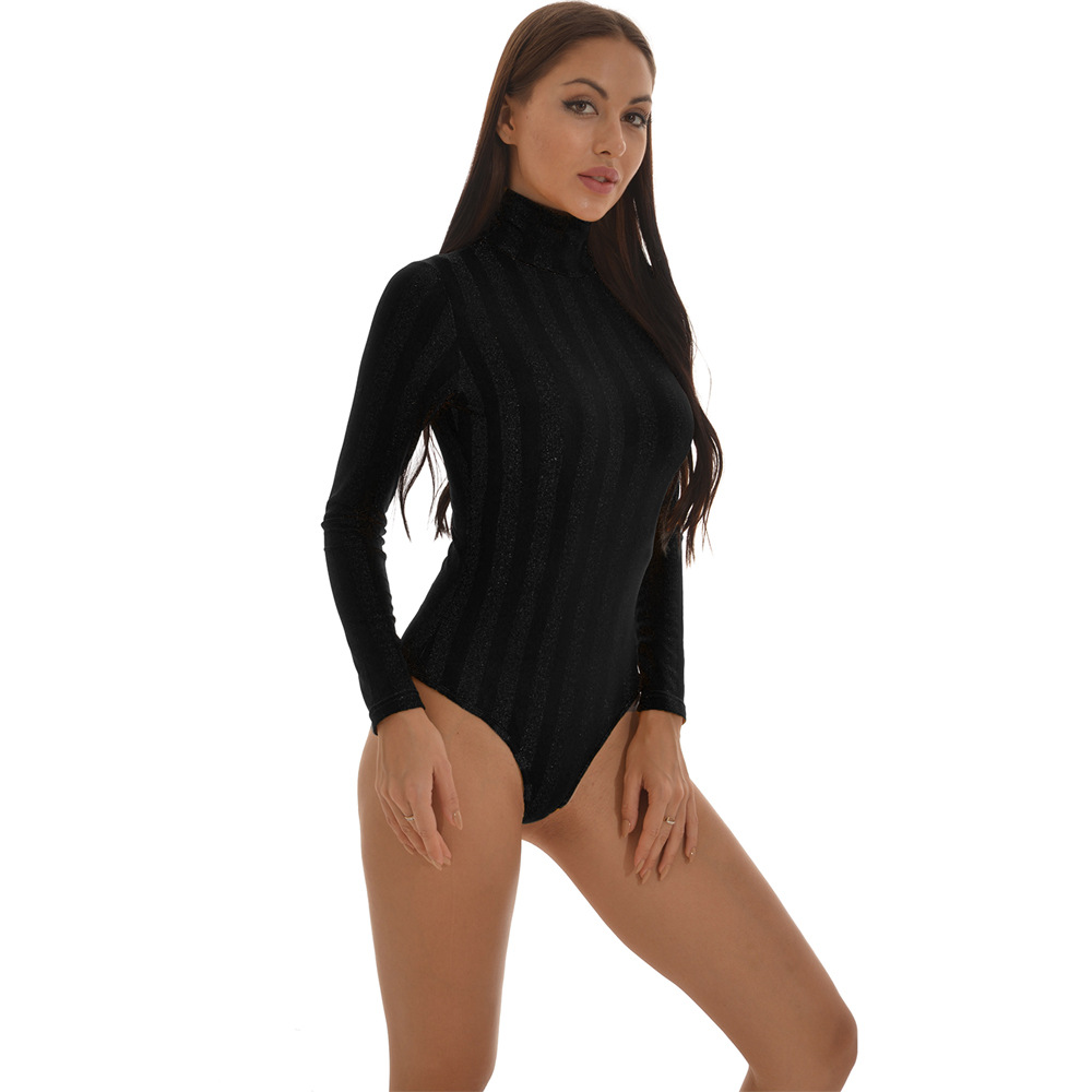 Picture of Cross-border New Women's AliExpress Amazon Long Sleeve High Neck Sexy Silver Mesh Slim All-match All-match All-suit