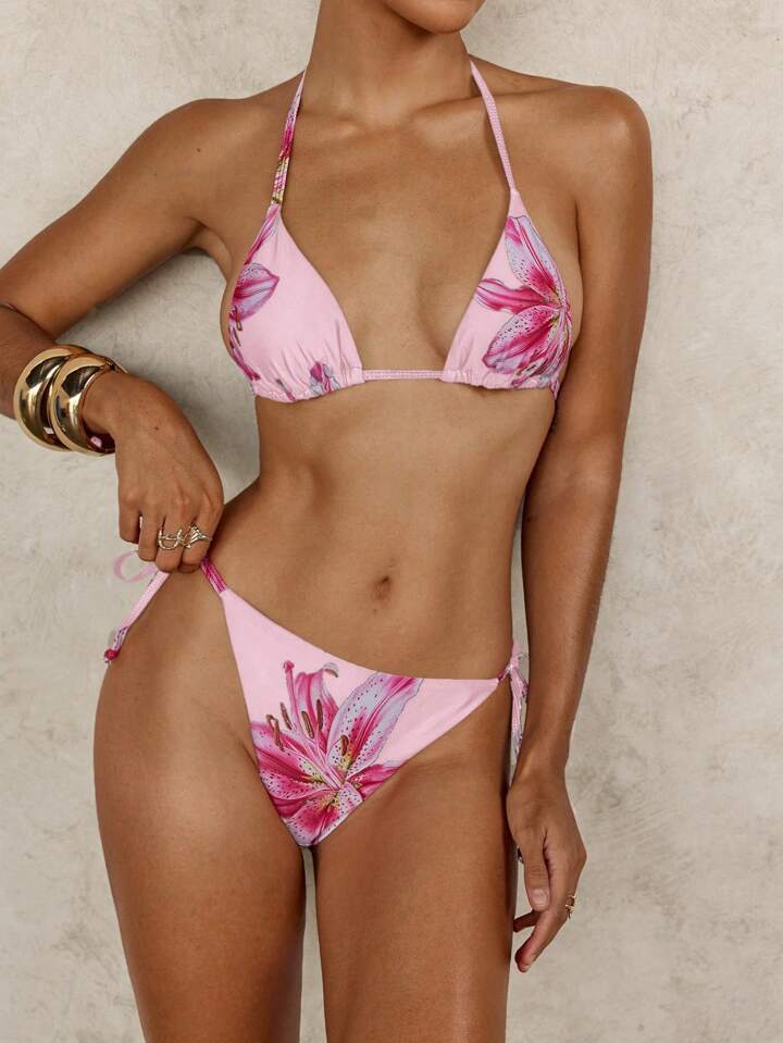 Picture of 2025bikini new cross-border European and American leopard print contrast triangle cup lace-up sexy bikini swimsuit