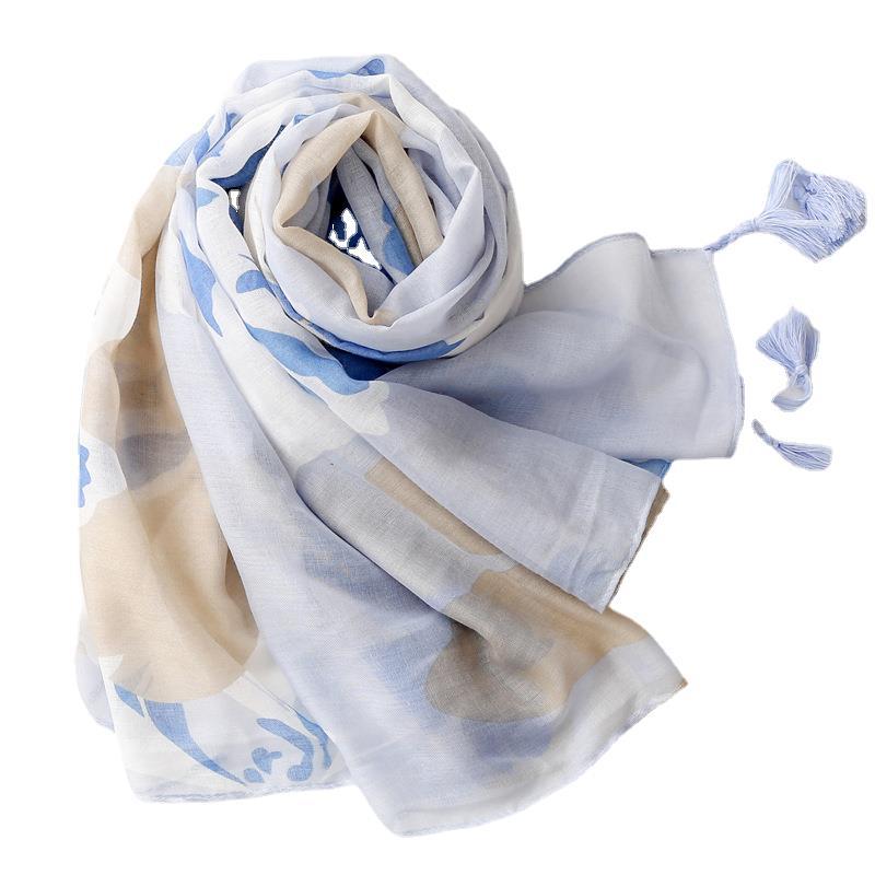 Picture of Foreign Trade Vintage Ethnic Style Travel Sunscreen Shawl Bali Yarn Cotton Linen Scarf Blue Ink Painting Scarf for Women