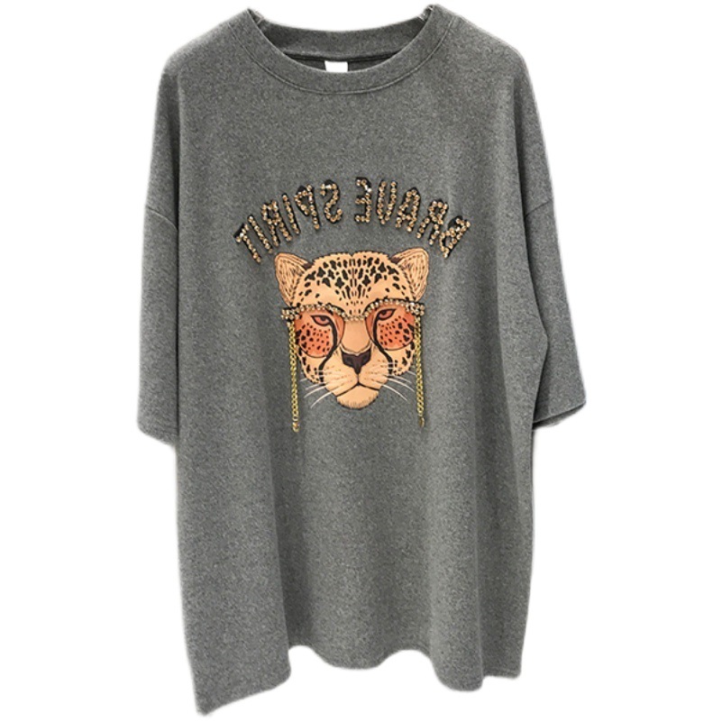 Internet Celebrity Sanding T-shirt Thickened Short-sleeved Women's Loose 2022 Autumn and Winter European Station Printed Cartoon Tiger Head Trendy Top