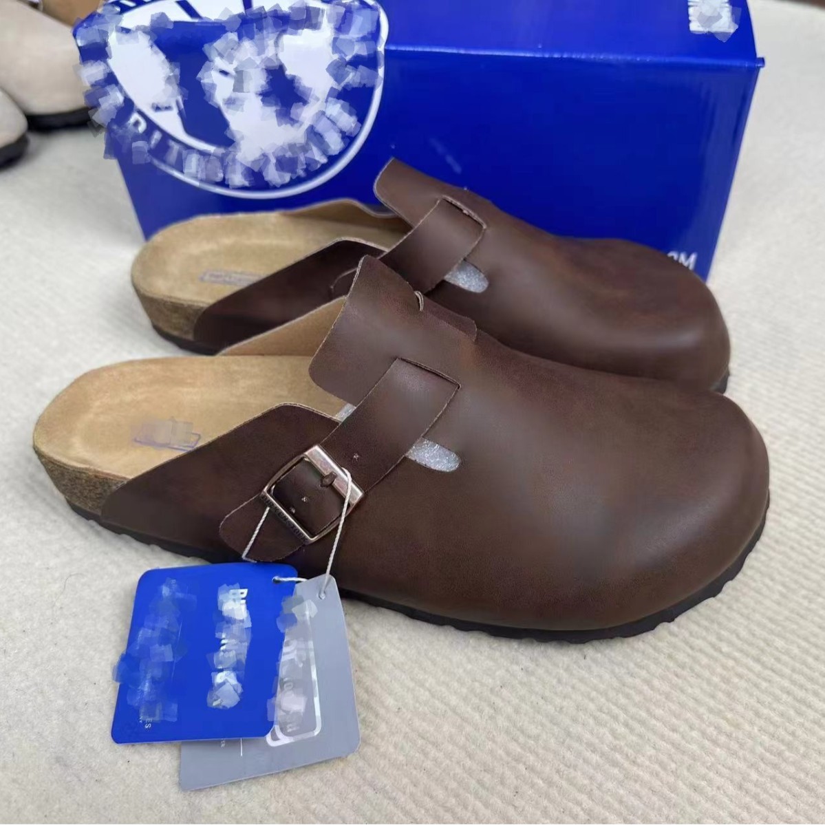 in stock BK Genuine Leather Bocken Shoes Baotou Half-Slip Buston Sandals Slippers Unisex Cork Bocken Shoes Couple