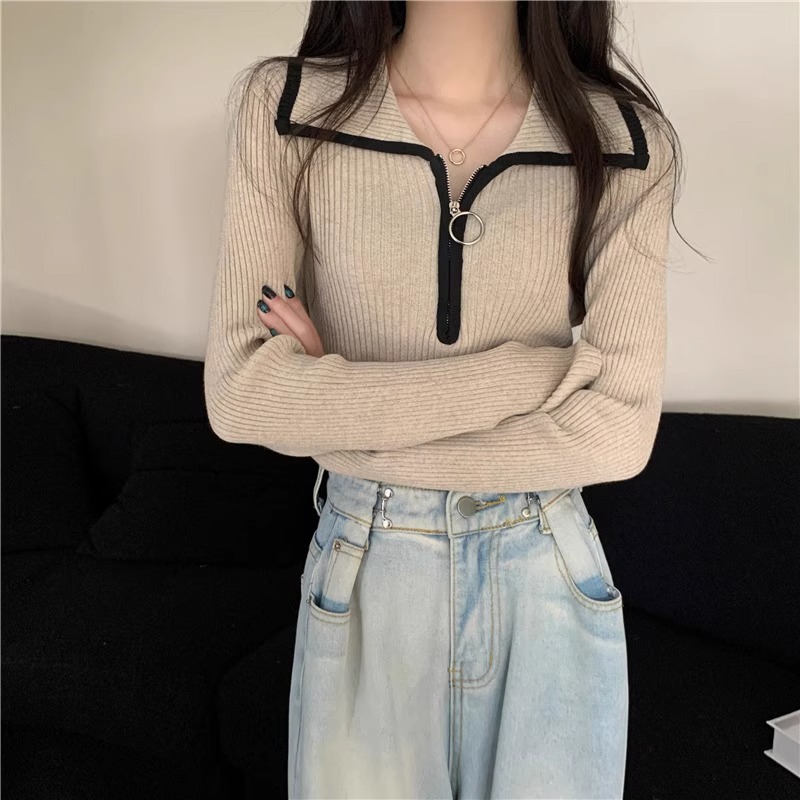 Picture of Zipper Lapel Sweater 2023 Autumn/Winter Long Sleeve Slim Fit Color-Block Knitted Top for Women
