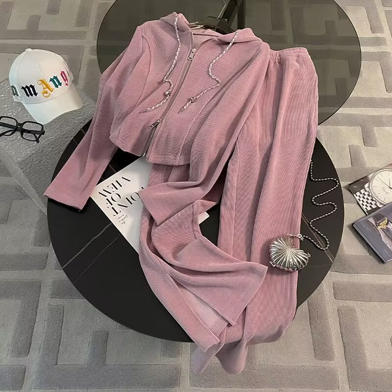 European casual pink sports suit women early autumn 2024 new loose split wide leg pants two-piece set #882