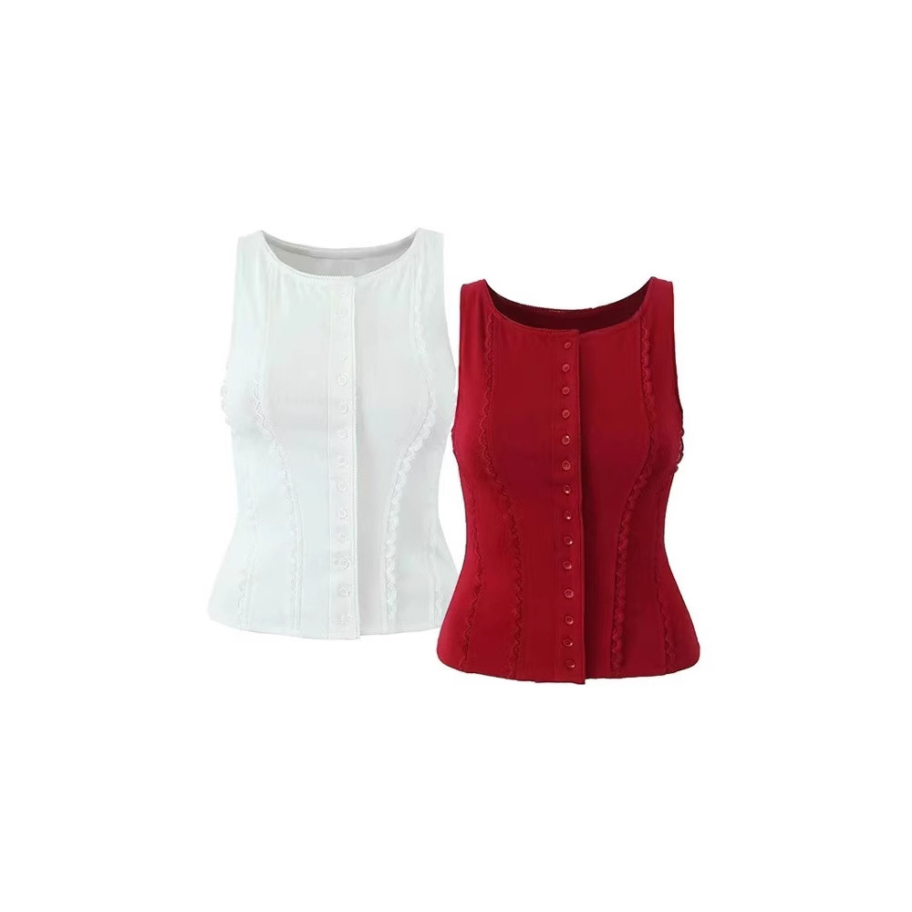ZA cross-border women's clothing wholesale European and American style new round neck slim single-breasted lace sleeveless vest top