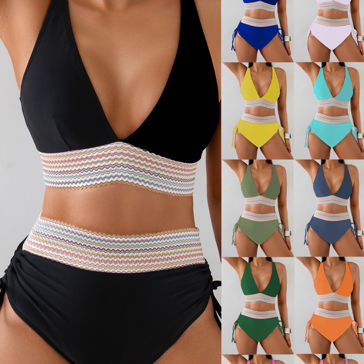 2025 New Cross-border European and American Split Swimwear Ribbon Deep V Bikini Swimwear Sexy Swimwear Foreign Trade Bikini