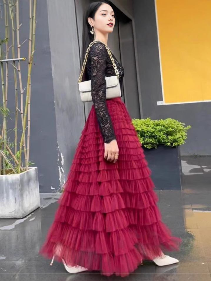 All-Match Fairy Elegant Ruffled Mesh Multi-Level Skirt Slimming Hip Covering Celebrity Cake Large Swing Long Skirt for Women