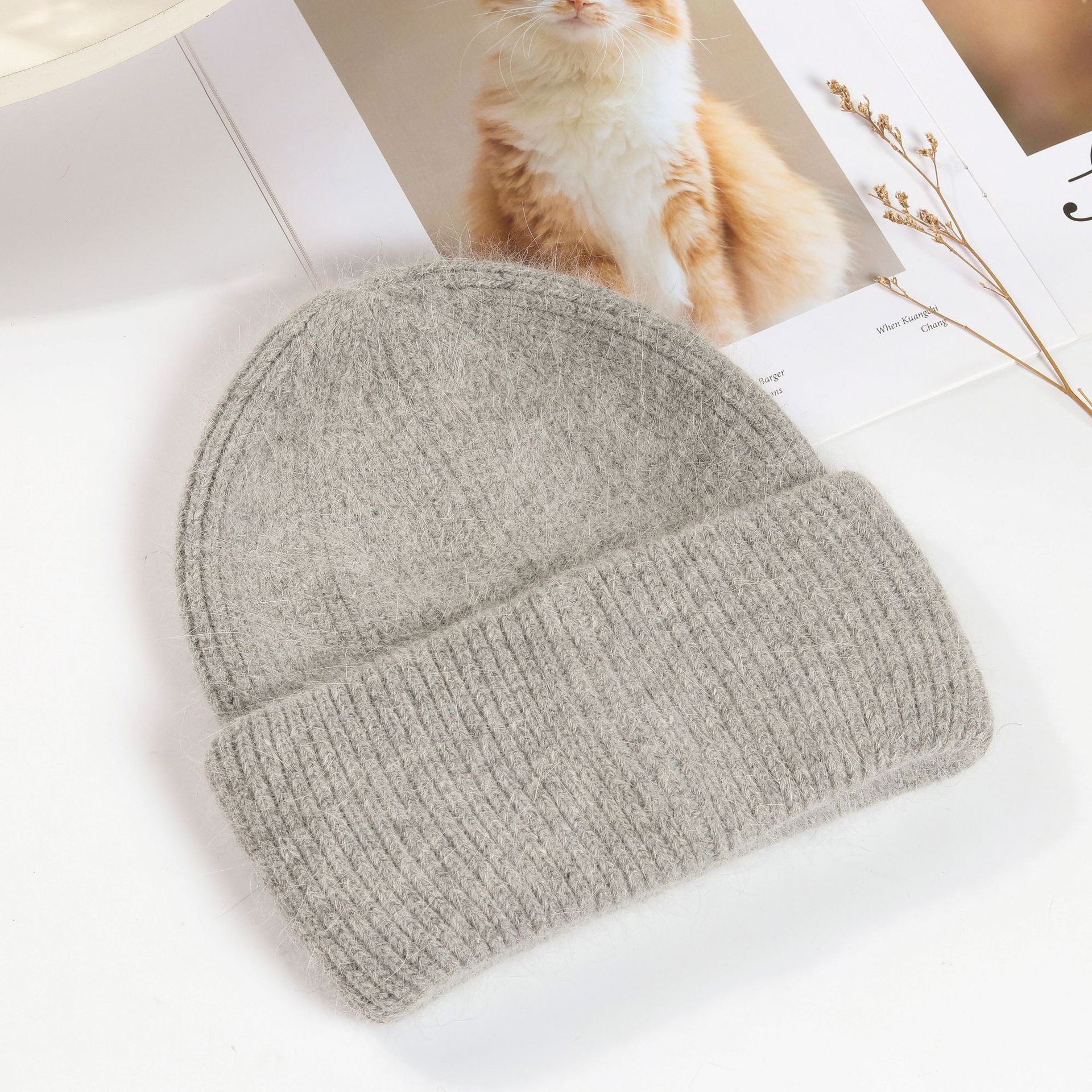 Picture of Korean Winter Knitted Hat with Large Brim for Women, Windproof Pullover Round-Top Adult Rabbit Fur Wool Hat