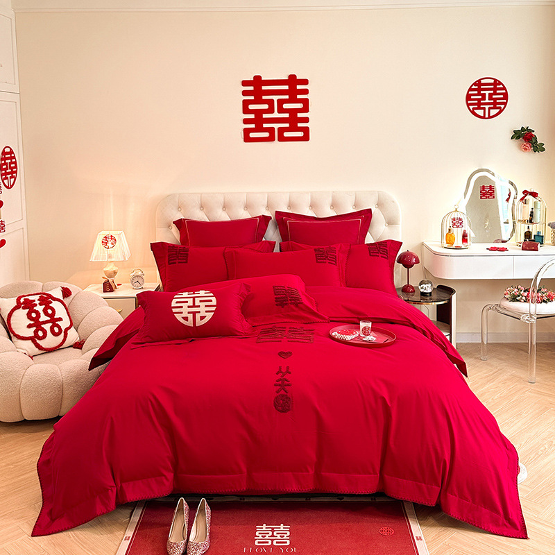 Picture of High-end European-style Wedding Four-piece Cotton Big Red Embroidered Sanding Quilt Cover Wedding Bedding Accompanying Wedding Room