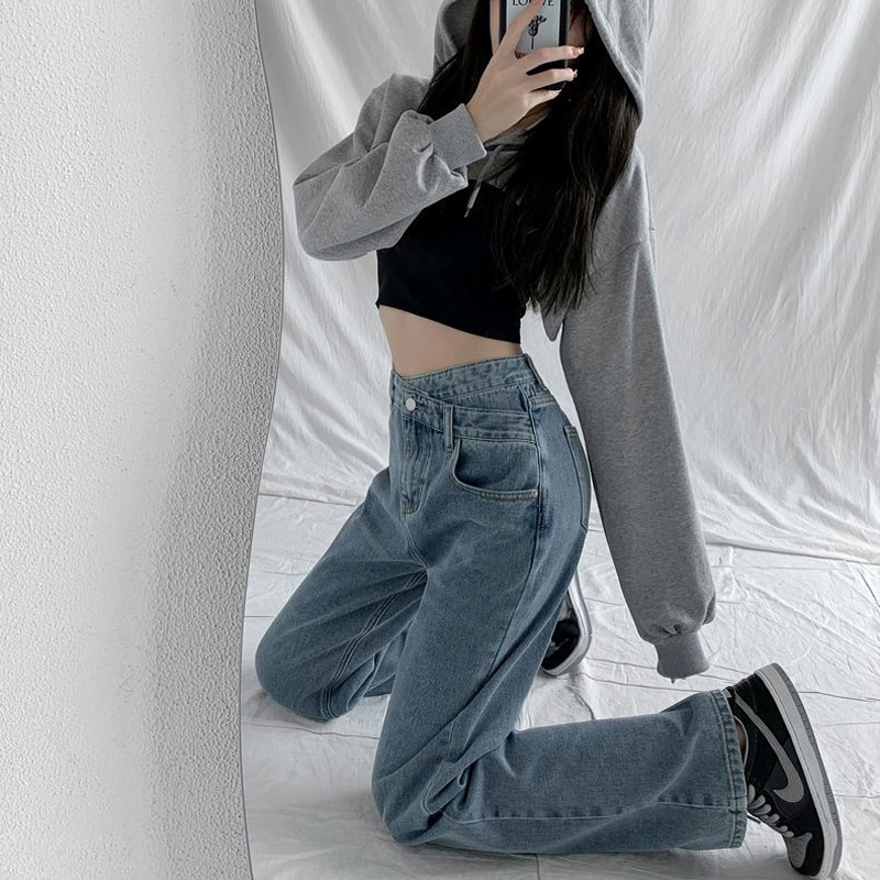 Picture of Irregular Loose Straight-Leg Jeans Women's All-Match Thin Slant Buckle High Waist Slimming Niche Wide Leg Trousers Summer