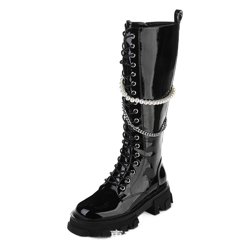 New plush single-layer shoes niche mid-calf zipper personality metal new chain jewelry cross-border simple shoe chain