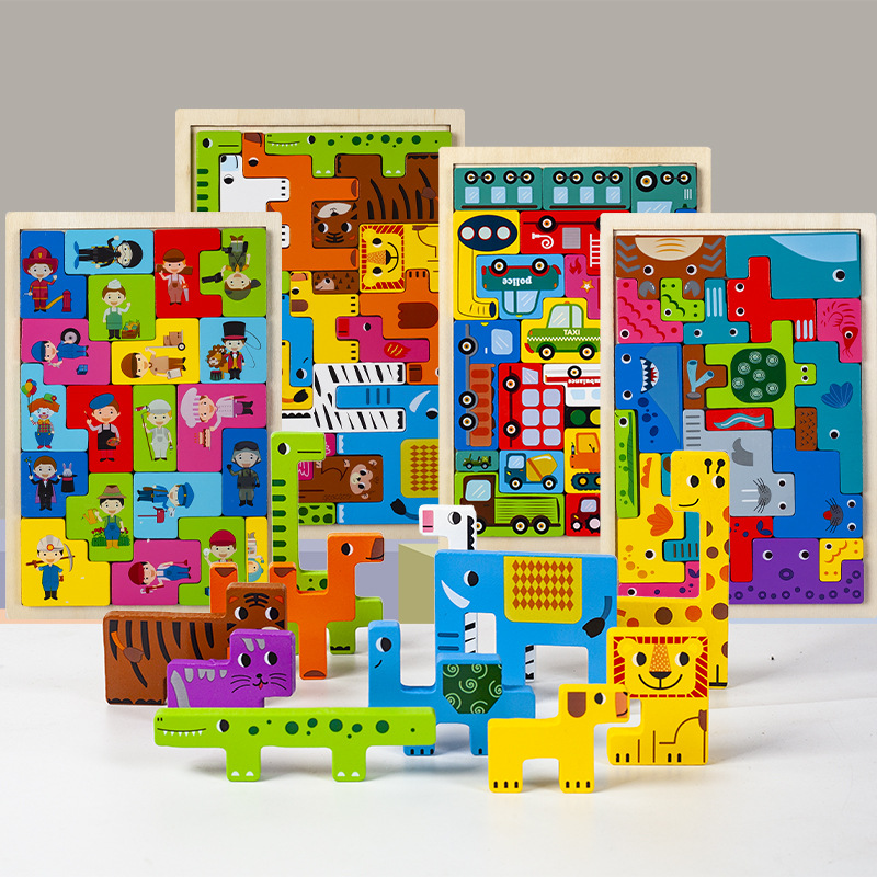 Picture of New puzzle three-dimensional Russian Cartoon creative wooden puzzle building blocks children's early education Enlightenment cognitive puzzle