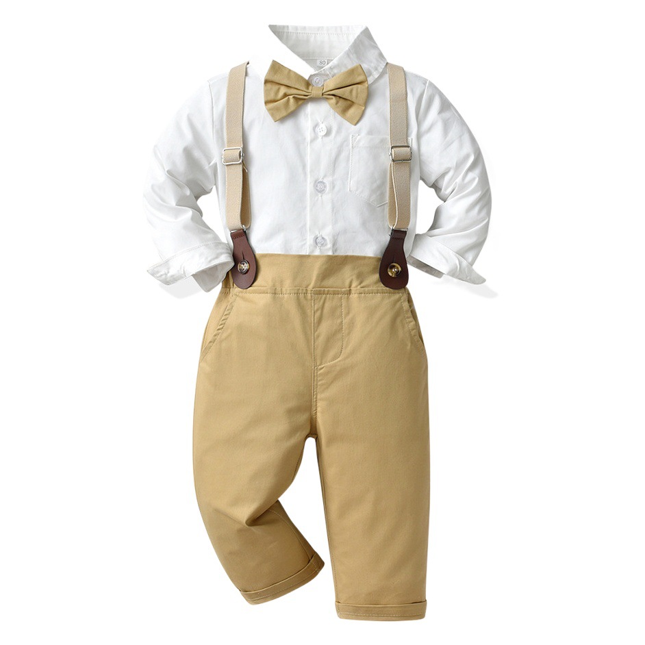 Korean style new children's clothing boys' autumn clothing suit Spring and Autumn white shirt suspender pants boys' autumn handsome clothes