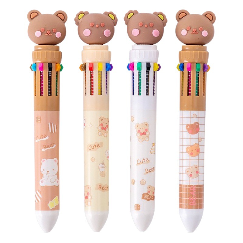 Bear 10 Color Ballpoint Pen Press Cartoon Multicolor Color Pen Student Writing Tool 10 Color Press Ballpoint Pen