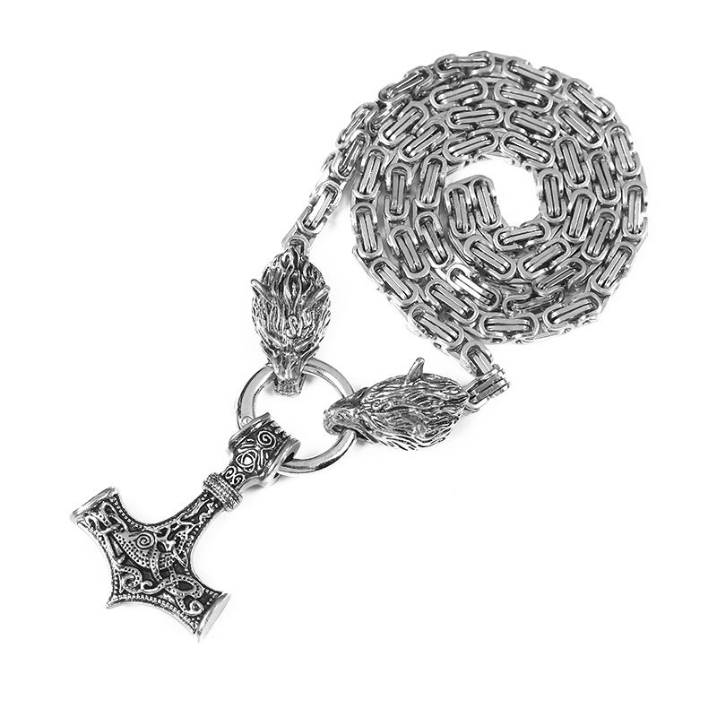 Picture of Foreign Trade Explosions Retro Nordic Viking Rune Hammer Pendant Wolf Head Necklace Bracelet Jewelry suit Stainless Steel Chain