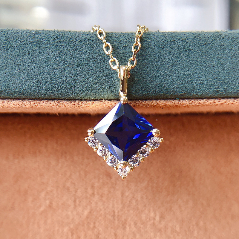 Picture of 925 Sterling Silver Necklace Simple Light Luxury All-match Clavicle Chain Princess Square Blue Diamond Special-shaped Micro Broken Diamond Necklace Japanese and Korean Style