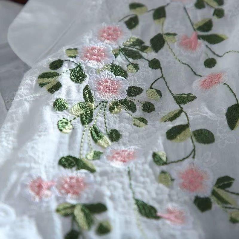 Picture of Fashion Literary Style Pastoral Style Embroidery Flower Lace Cotton Design Sense Front Short Back Long V-neck Shirt Women's Top for Summer