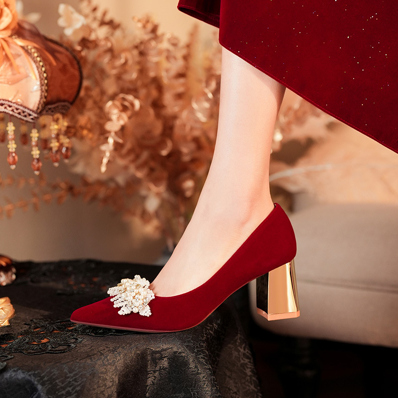 6555H-015 red wedding shoes thick heel women's high heels classic festive dress banquet show he not tired feet