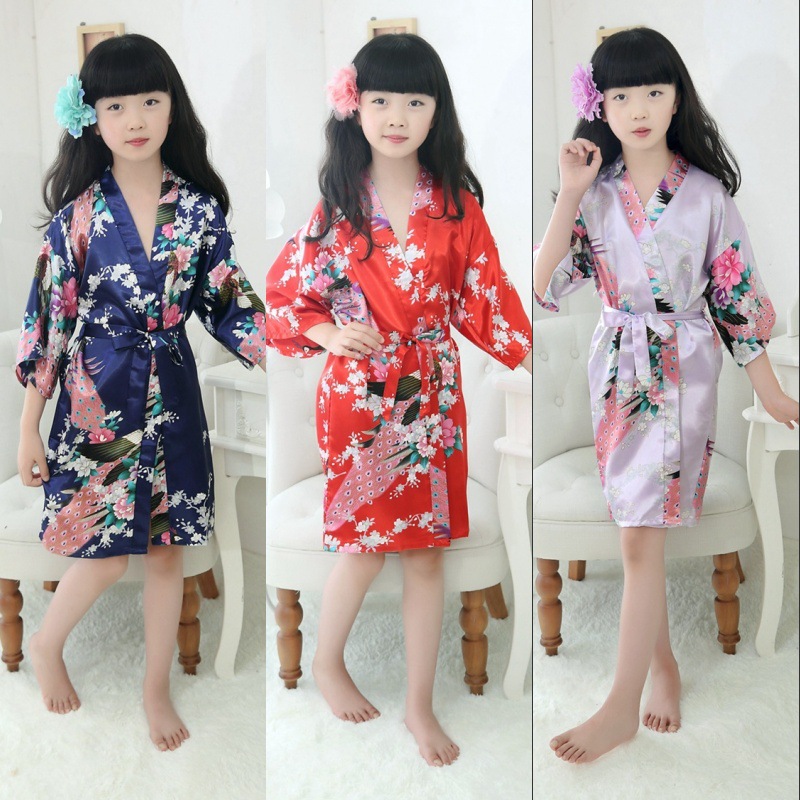 Children's pajamas home clothes girls Summer new nightgown children cardigan bathrobe thin printed Peacock
