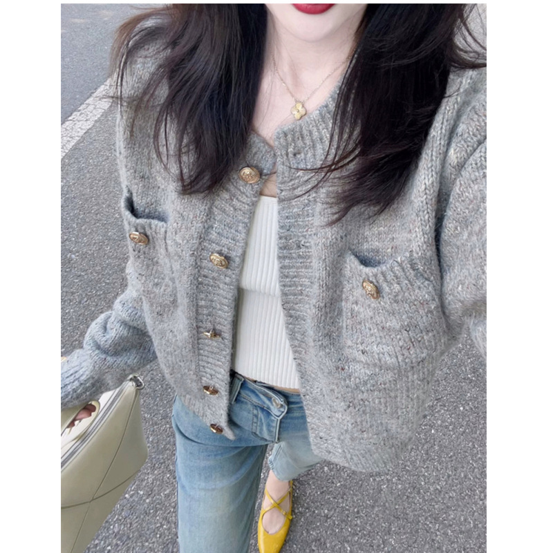 Picture of Autumn/Winter 2025 New Women's Knit Cardigan, Gray Sweater, Short Petite Xiang-Style Jacket for Women