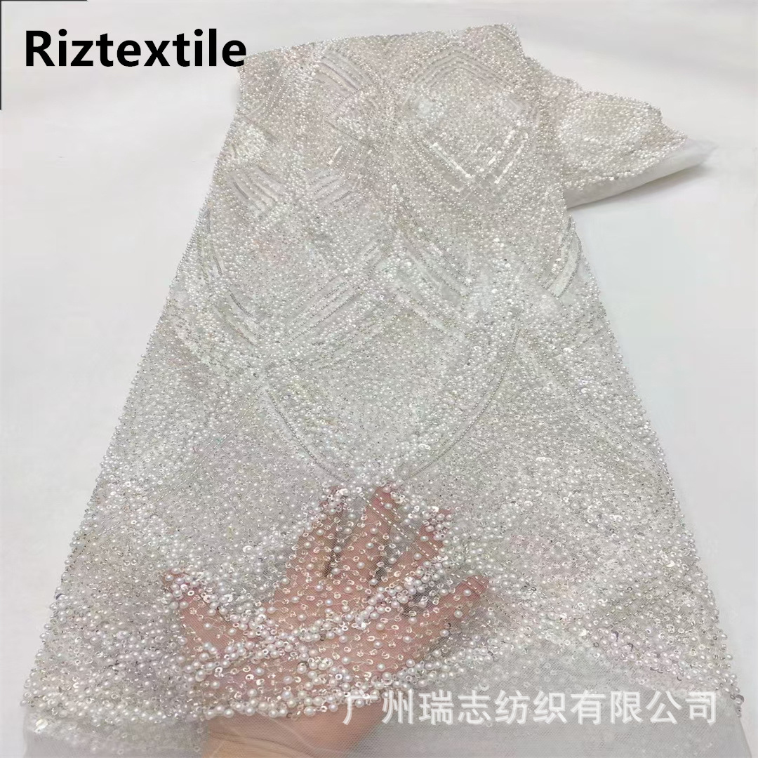 Beads Tulle Lace African Bride Heavy Industry Wedding Dress Evening Dress Symmetrical Oval Flower Pattern Bead Embroidery Fabric
