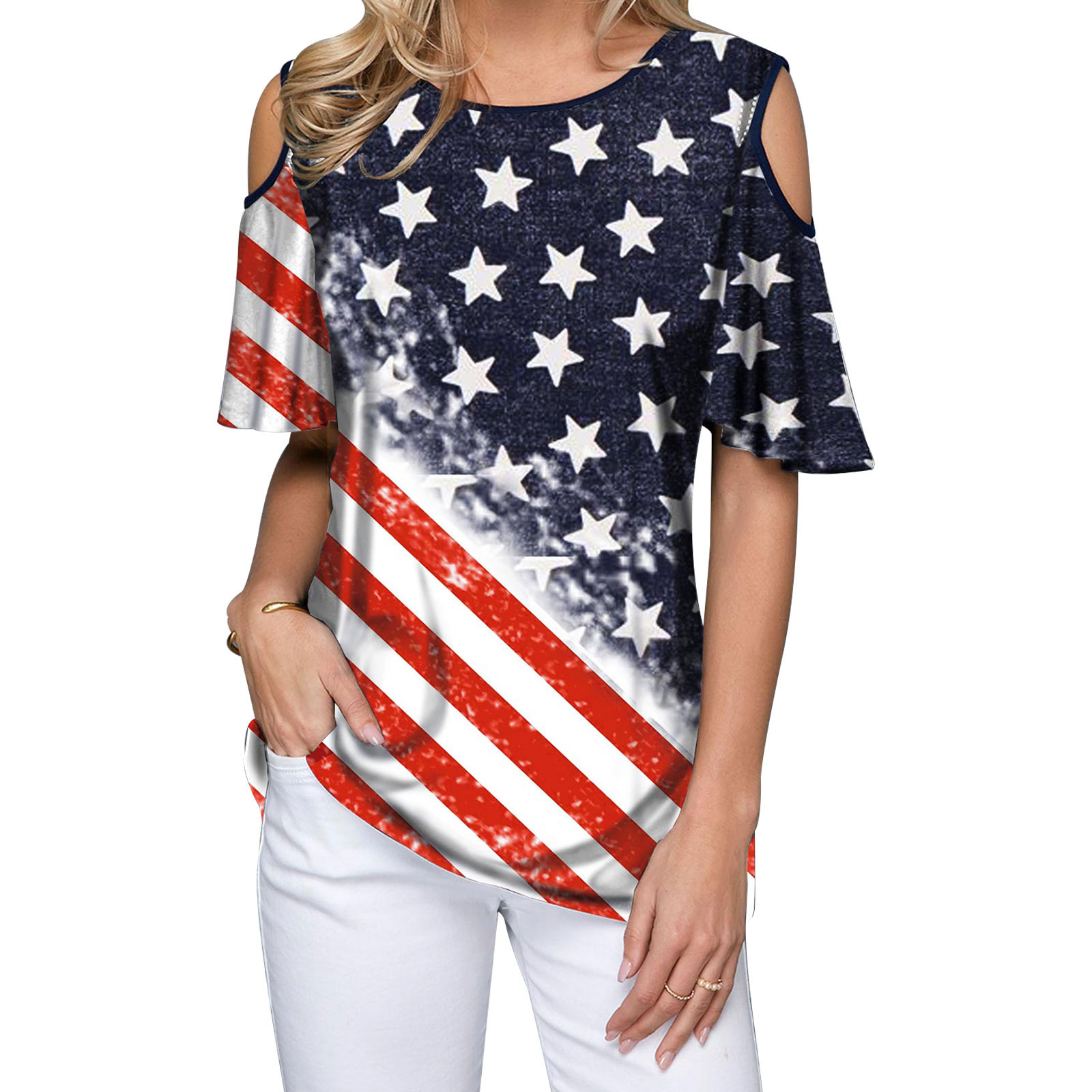 Amazon AliExpress European and American Women's Top Independence Day Flag Five-pointed Star Printed Round Neck Shoulder Short-sleeved T-shirt
