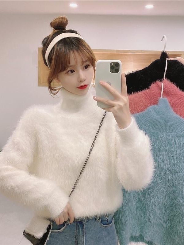 Thick soft glutinous sweater women's autumn and winter loose pullover inner warm top mink fur half turtleneck bottoming sweater