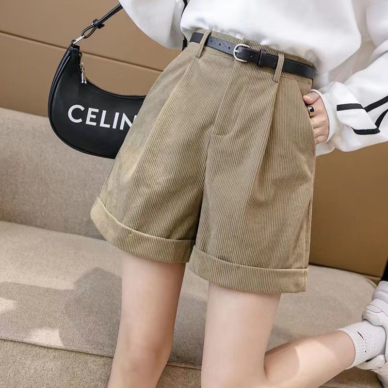 Corduroy pants for women 2023 Autumn New loose curling wide-leg pants retro high waist A- line casual shorts fashion