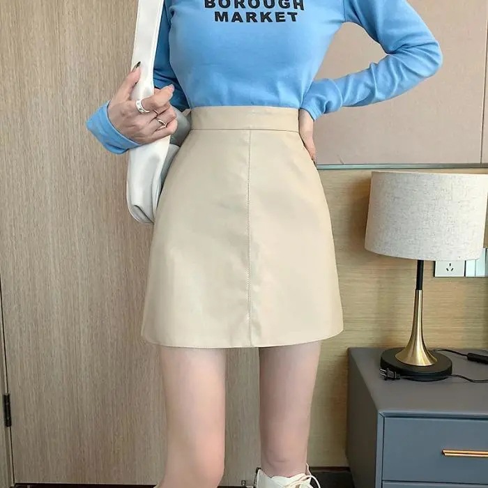 Spring and Autumn New High waist anti-exposure skirt small slimming PU leather skirt black aA-shaped sheath leather skirt