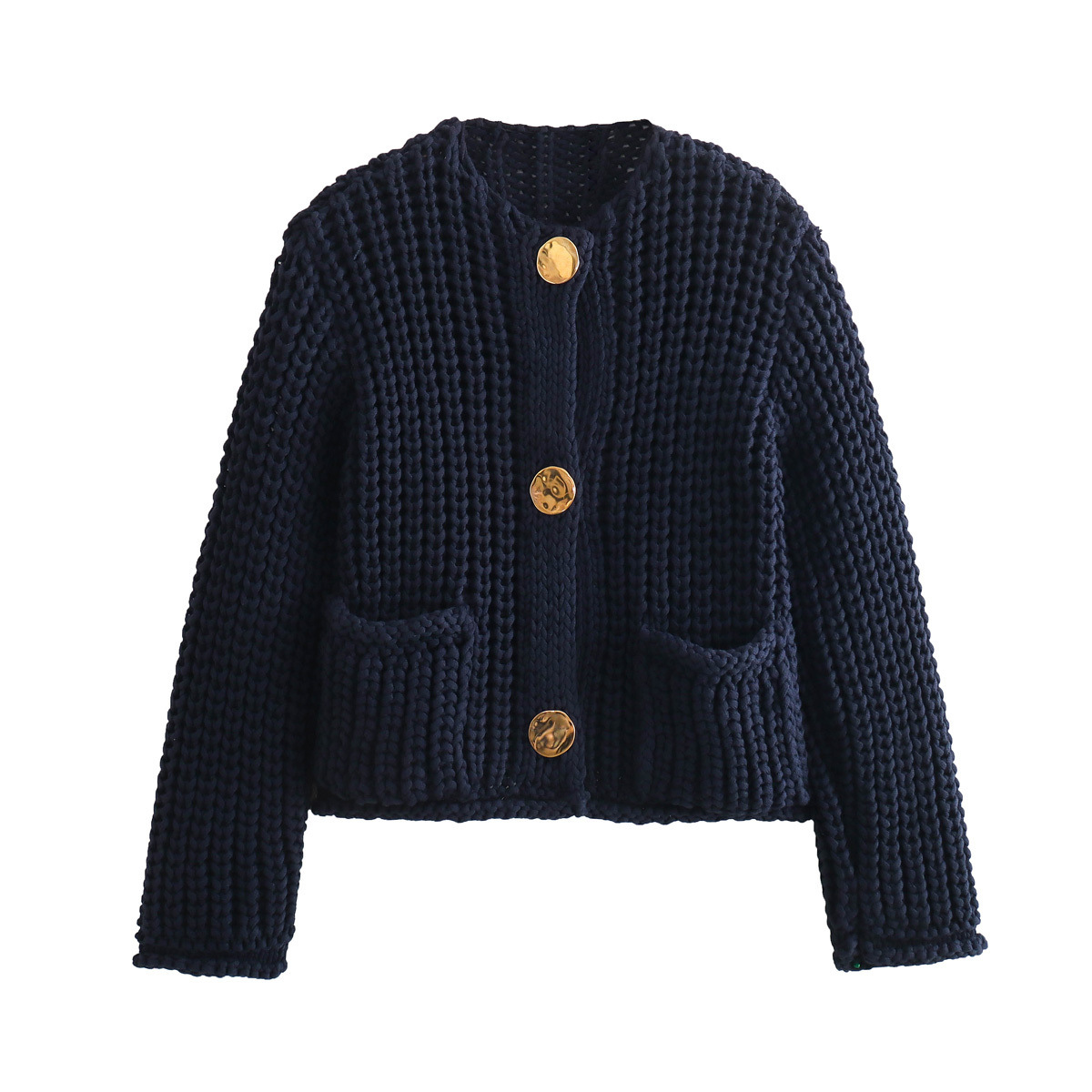 2024 Autumn and Winter New European and American Cross-border Women's Fashion Round Neck Thick Needle Short Xizang Blue Cardigan Knitted Jacket
