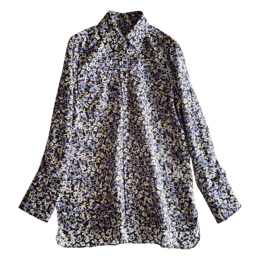Picture of Clearance Casual Simple Blue and Purple Floral Silk Cotton Shirt Women's Double Pocket Lapel Buckle Long Sleeve Mid-length Shirt