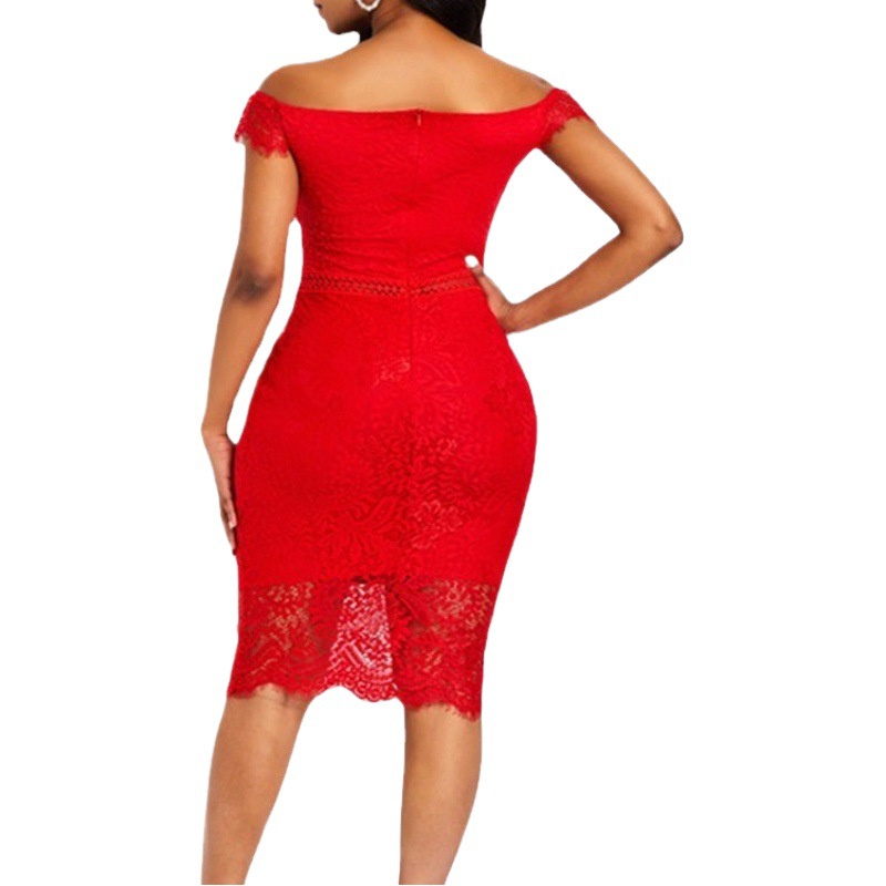 Factory Ready-Made Cross-Border European and American Evening Dress Short-Sleeved V Neck Off-Shoulder Sexy Mid-Length Hip-Hugging Lace Dress Wholesale