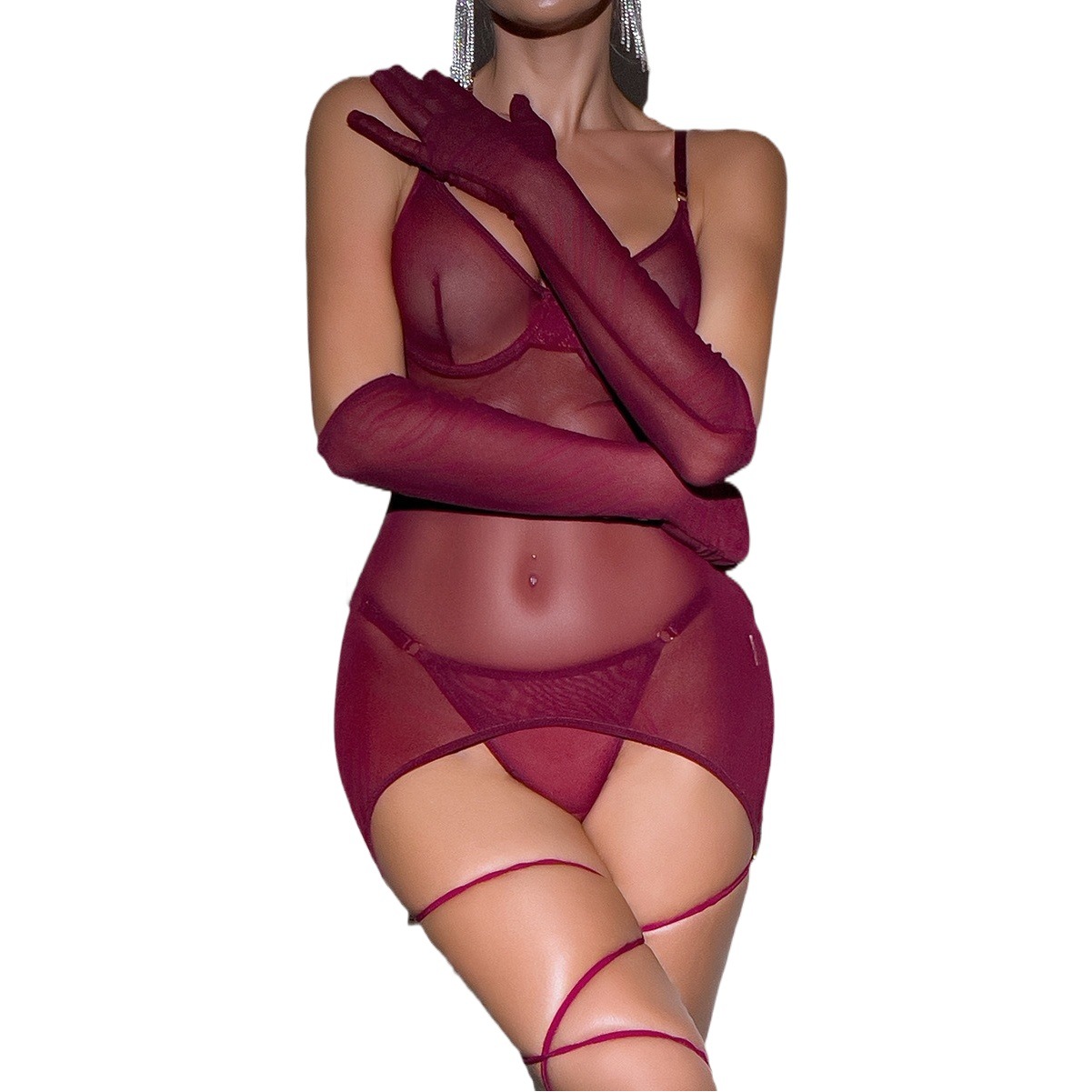 European and American Cross-border Amazon Hot Sexy Underwear Mesh Sexy Backless Perspective Tie Rope Belt Gloves Three-piece Set for Women