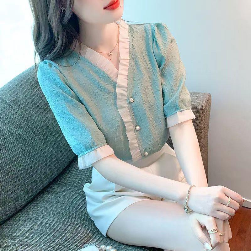 Chiffon shirt 2023 Summer new French style slimming ruffled sweet small shirt fresh short sleeve top