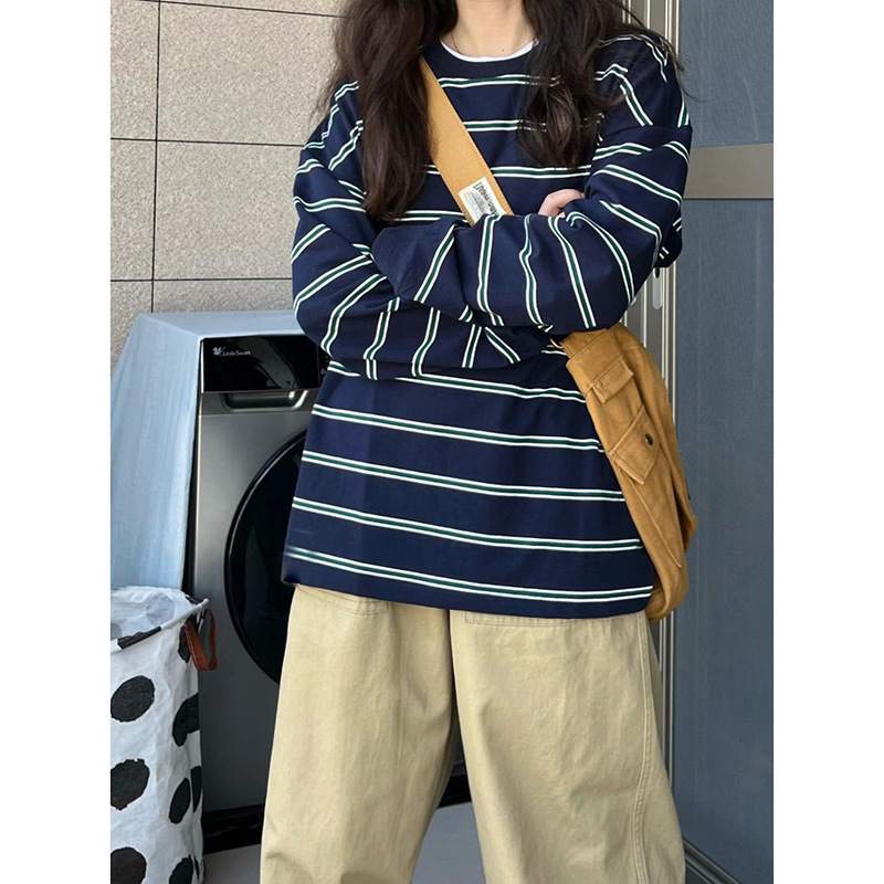 Picture of Chic Korean-style Striped Thin Sweatshirt Women's plus size Loose Autumn and Winter New Retro Long-sleeved Trendy Cross-border Top