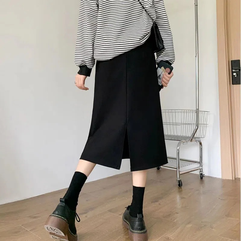 Picture of Autumn Black High Waist Split Skirt Women's Slim Look Workwear Skirt Suit A- Line Mid-Length Skirt Professional One-Step Skirt