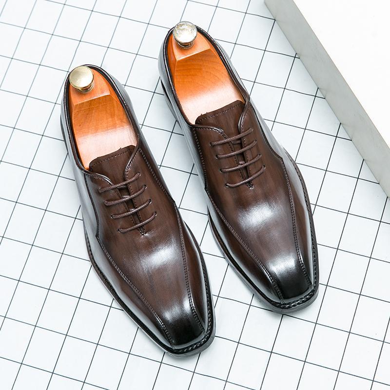 Men's Casual Leather Shoes Men's Shoes 2024 Spring and Autumn New Business Pointed Fashion Square Head Brown Bridegroom Wedding Shoes for Men